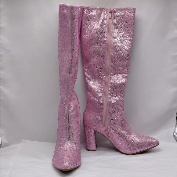 Top Moda Mariha Women's Rhinestone Knee High Boots 7 Pink Chunky Heel Retro Gogo - Picture 2 of 11